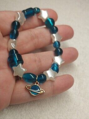 Celestial Blue Beaded Stretch Bracelet with Planet Charm